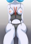  1girl alternate_color arms_behind_back black_panties blue_hair breastless_clothes breasts cameltoe collarbone female gardevoir gen_3_pokemon lingerie mega_gardevoir mega_pokemon neichii nipples no_humans panties pokemon pokemon_(creature) shiny_pokemon short_hair sitting small_breasts solo underwear underwear_only 