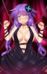  areola_slip areolae arms_up bare_shoulders black_dress blue_eyes blush braid breasts cable cleavage collarbone commentary dress flower hair_flower hair_ornament large_breasts long_hair looking_at_viewer navel neptune_(series) nervous nt00 power_symbol purple_hair purple_heart restrained solo spread_legs symbol-shaped_pupils twin_braids twintails very_long_hair 