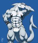  2016 abs anthro biceps bulge clothed clothing fish jockstrap male marine nameless00 pecs red_eyes shark smile smirk solo topless underwear 