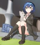  animal bag black_footwear black_legwear blue_hair bob_cut cat collared_shirt convenient_leg darling_in_the_franxx dot_nose full_body grass green_eyes hair_between_eyes hair_ornament highres holding holding_animal holding_cat hood hood_down hoodie ichigo_(darling_in_the_franxx) jacket kneehighs knees_together_feet_apart loafers long_sleeves looking_at_viewer loose_necktie n2_(yf33) necktie open_clothes open_hoodie open_mouth outdoors parted_lips school_bag school_uniform shirt shoes short_hair sitting skirt striped striped_neckwear 