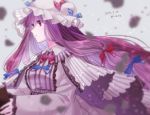  blue_ribbon blurry book cape coat collar commentary_request dated frilled_collar frills grey_background hair_ribbon hat hat_ribbon holding holding_book ice_(aitsugai) long_hair long_sleeves mob_cap parted_lips patchouli_knowledge purple_eyes purple_hair red_ribbon ribbon solo striped touhou twitter_username upper_body vertical_stripes very_long_hair 