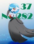  1girl alternate_color blue_background blue_hair blush breasts female full_body gardevoir gen_3_pokemon gradient gradient_background hand_up looking_at_viewer medium_breasts mega_gardevoir mega_pokemon neichii no_humans no_nipples open_mouth pokemon pokemon_(creature) red_eyes shiny_pokemon short_hair simple_background smile solo standing text 