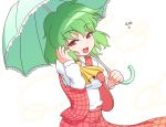  :d ascot collared_shirt commentary_request directional_arrow eyebrows_visible_through_hair floating_hair green_hair green_umbrella half-closed_eyes hand_on_own_head hands_up holding holding_umbrella kazami_yuuka long_sleeves looking_at_viewer open_clothes open_mouth open_vest parasol plaid plaid_skirt plaid_vest red_eyes red_skirt red_vest shirt short_hair skirt skirt_lift skirt_set smile solo standing touhou translated umbrella unachika upper_body vest white_shirt wind wind_lift yellow_neckwear 
