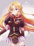  blonde_hair breastplate breasts cowboy_shot dress elbow_gloves expressionless fire_emblem fire_emblem:_monshou_no_nazo fire_emblem_heroes gloves highres kuraine lavender_background long_hair looking_at_viewer medium_breasts purple_eyes short_dress simple_background sisuko1016 solo thighhighs zettai_ryouiki 