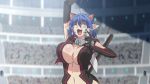  1girl animal_ears animated animated_gif announcer arena black_gloves blue_hair bouncing_breasts breasts cat_demon_girl_(shinmai_maou_no_testament_burst) cleavage cleavage_cutout demon_horns fang female gloves holding_microphone horns large_breasts leaning_forward looking_at_viewer microphone navel no_bra open_mouth shinmai_maou_no_testament short_hair smile stadium tail 