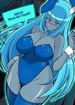  1girl animal_ears bare_shoulders blue_eyes blue_hair blush breasts bunny_ears cleavage curvy dark_samus english image_sample large_breasts long_hair looking_at_viewer metroid nintendo pixiv_sample smile solo thick_thighs thighhighs thighs wide_hips 