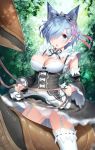  animal_ears ass_visible_through_thighs bangs blue_eyes blue_hair blush bouncing_breasts breasts cameltoe cat_ears cleavage day detached_sleeves dress eyebrows_visible_through_hair fang forest frilled_sleeves frills garter_straps hair_ornament hair_over_one_eye hair_ribbon kemonomimi_mode large_breasts leaf looking_at_viewer maid maid_headdress motion_blur nature open_mouth outdoors panties pantyshot patrasche_(re:zero) pink_ribbon re:zero_kara_hajimeru_isekai_seikatsu rem_(re:zero) ribbon riding saddle short_hair signature stirrups thighhighs tree unaligned_breasts underwear white_legwear white_panties x_hair_ornament yasuyuki 