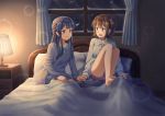  bangs barefoot bed bedroom black_hair blanket blue_eyes blush brown_eyes brown_hair curtains eye_contact half_updo hirose_yuki holding_hands idolmaster idolmaster_million_live! idolmaster_million_live!_theater_days indoors kasuga_mirai knees_up lamp lens_flare_abuse long_hair long_sleeves looking_at_another mogami_shizuka multiple_girls night nightstand one_side_up open_mouth pillow short_hair sitting sleepwear smile snow under_covers window yuri 