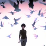  bird black_eyes black_hair closed_mouth cowboy_shot gradient gradient_background hand_in_pocket ilya_kuvshinov looking_to_the_side original pigeon short_hair smile solo sweater turtleneck turtleneck_sweater walking 