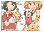  animal_ears backpack bag bare_shoulders black_hair blonde_hair blush bow bowtie closed_eyes commentary_request elbow_gloves eyebrows_visible_through_hair feathers gloves hand_puppet hat helmet kaban_(kemono_friends) kasa_list kemono_friends multiple_girls open_mouth pith_helmet puppet serval_(kemono_friends) serval_ears serval_print shirt short_hair skirt t-shirt translated vest 