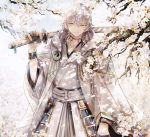  abandon_ranka armor black_gloves branch cherry_blossoms gloves highres hood japanese_armor japanese_clothes katana male_focus partly_fingerless_gloves sheath sheathed smile sword touken_ranbu tsurumaru_kuninaga weapon white_hair yellow_eyes 