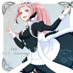  anniversary apron blue_eyes breasts copyright_name cowboy_shot dagger feh_(fire_emblem_heroes) felicia_(fire_emblem_if) fire_emblem fire_emblem_heroes fire_emblem_if grey_background index_finger_raised long_hair looking_at_viewer maid maid_apron maid_headdress medium_breasts open_mouth pink_hair ponytail simple_background smile solo tyotto_ko_i weapon 