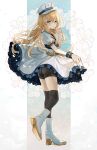  abandon_ranka ass black_legwear blonde_hair blue_eyes boots cherry_blossoms dress hat highres long_hair male_focus midare_toushirou otoko_no_ko shorts shorts_under_dress skirt_hold smile thighhighs touken_ranbu 