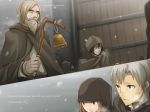  ayakura_juu beard bell black_hair brown_eyes brown_hair cape character_name craft_lawrence door facial_hair highres holding holding_staff holo hood hooded huskins_(spice_and_wolf) mustache novel_illustration official_art outdoors parted_lips red_eyes silver_hair snowing spice_and_wolf staff 