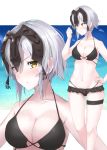  :/ bangs bare_arms bare_shoulders beach bikini bikini_skirt black_bikini blue_sky blush breasts cleavage clenched_hand close-up closed_mouth collarbone commentary_request day eyebrows_visible_through_hair fate/grand_order fate_(series) frown groin hair_between_eyes hand_on_hip hand_up headpiece highleg highleg_bikini highres hiyoko_(pixiv16803940) jeanne_d'arc_(alter)_(fate) jeanne_d'arc_(fate)_(all) large_breasts looking_at_viewer looking_away looking_to_the_side multiple_views navel ocean outdoors pale_skin shiny shiny_hair short_hair sideways_glance silver_hair sky standing stomach swimsuit thigh_strap upper_body v-shaped_eyebrows yellow_eyes zoom_layer 