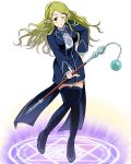  blonde_hair blue_dress blue_footwear blush boots breasts dress floating_hair full_body hand_on_hip high_heel_boots high_heels holding holding_staff log_horizon long_hair looking_at_viewer magic_circle marielle_(log_horizon) medium_breasts official_art one_eye_closed parted_lips pointy_ears round_table_concil_uniform short_dress solo staff thigh_boots thighhighs transparent_background uniform very_long_hair 