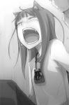 animal_ears ayakura_juu closed_eyes crying fang greyscale holding_hands holo monochrome novel_illustration official_art open_mouth pouch shirt spice_and_wolf tears wolf_ears 