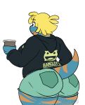  anthro beverage blonde_hair bree_(junk_planet) butt clothed clothing female hair lizard open_mouth overweight overweight_female reptile scalie smile solo wittless-pilgrim 