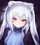  animal_ear_fluff animal_ears blush cat_ears commentary_request dress eyebrows_visible_through_hair face half-closed_eyes kishibojin_pbw long_hair looking_at_viewer nora_cat nora_cat_channel red_eyes silver_hair smile symbol-shaped_pupils twintails very_long_hair 