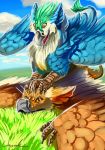  avian beak blue_feathers claws cloud coulias duo feathers grass green_feathers gryphon male male/male open_beak open_mouth orion_(vori) outside pounce rhaenjarr smile yellow_eyes 