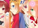  absurdres blue_eyes bow crossover freyja_wion green_eyes hair_bow hairband hand_gesture heart highres idol kasukabe_haru kousaka_honoka looking_at_viewer love_live! love_live!_school_idol_project love_live!_sunshine!! macross macross_delta mashiro_yozakura multicolored_hair multiple_girls open_mouth orange_hair red_eyes red_hair short_hair smile takami_chika tokyo_7th_sisters walkure_(macross_delta) 