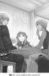  2girls ayakura_juu blush craft_lawrence enekk eye_contact food from_below greyscale holo indoors knife long_hair looking_at_another monochrome multiple_girls nora_arento novel_illustration official_art pants parted_lips short_hair short_ponytail skirt smile spice_and_wolf sweatdrop 