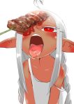  1girl dark_skin drooling female food gala_(pixiv747128) kebab meat open_mouth original pointy_ears red_eyes sexually_suggestive silver_hair simple_background skewer solo strap_slip symbol-shaped_pupils tongue tongue_out twin_braids white_background yakitori 