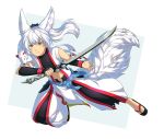  2018 5_fingers canine canine_humanoid digital_media_(artwork) duo feral fox hair holding_object holding_weapon inner_ear_fluff jay-kuro mammal melee_weapon simple_background sword weapon white_background white_hair 