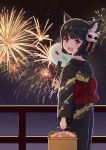 animal_ears azur_lane basket biako black_hair bow commentary_request eyebrows_visible_through_hair fan fang fireworks floral_print highres holding holding_basket japanese_clothes kimono looking_back mask mask_on_head night night_sky obi open_mouth paper_fan red_eyes sash short_hair sky standing yamashiro_(azur_lane) yukata 