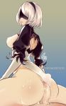  1boy 1girl artist_name ass blindfold breasts cum cum_on_ass cum_under_clothes feather-trimmed_sleeves girl_on_top hairband leotard leotard_aside mole mole_under_mouth nier nier_automata nipple patreon penis tagme uncensored web_address white_hair yorha_no._2_type_b 
