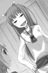  1girl :d animal_ears ayakura_juu dutch_angle eyebrows_visible_through_hair fang greyscale hand_on_hip head_tilt holo indoors long_hair monochrome novel_illustration official_art open_mouth parted_lips pouch smile spice_and_wolf standing tote_col very_long_hair wolf_ears 