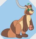  2017 animate_inanimate anthro blue_background brown_nose canine digital_drawing_(artwork) digital_media_(artwork) green_eyes hi_res hypnosis inflation jazzotter_(artist) leaf living_plush male mammal marcus_fukuyama markings mind_control nude open_mouth plushie simple_background solo spiral spiral_eyes standing tanuki tongue tongue_out 