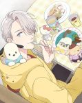  al_(ahr) blue_eyes cameo character_doll cup food fork from_above hair_over_one_eye hello_kitty hello_kitty_(character) hood hood_basket hood_down hoodie male_focus mug onesie parody pochacco pompompurin sanrio sanrio_danshi silver_hair sitting smile viktor_nikiforov yuri!!!_on_ice 