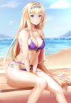  bangs bare_arms bare_legs bare_shoulders beach bikini blonde_hair blue_eyes blue_sky breasts buckle cleavage closed_mouth cloud collarbone commentary_request day eyebrows_visible_through_hair flower front-tie_bikini front-tie_top granblue_fantasy groin hair_between_eyes hair_flower hair_intakes hair_ornament hairband highres horizon jeanne_d'arc_(granblue_fantasy) large_breasts long_hair looking_at_viewer mountain navel ocean outdoors purple_bikini shiny shiny_hair side-tie_bikini sidelocks sitting skindentation sky smile solo stomach straight_hair swimsuit sword thighs v_arms very_long_hair weapon white_flower zuizhong 