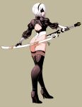  ass back_cutout black_blindfold blindfold boots commentary from_behind full_body grey_background hairband kitsune23star leotard nier_(series) nier_automata puffy_sleeves short_hair silver_hair simple_background solo sword thigh_boots thighhighs virtuous_treaty weapon yorha_no._2_type_b 