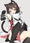  animal_ears armlet asymmetrical_legwear bangs black_gloves black_hair black_legwear black_neckwear black_skirt brown_eyes cat_ears cat_tail d: double-breasted elbow_gloves eyebrows_visible_through_hair fang gloves grey_background hair_ornament highres kantai_collection looking_at_viewer miniskirt nebusoku open_mouth pleated_skirt remodel_(kantai_collection) scarf sendai_(kantai_collection) simple_background sitting skirt sleeveless solo tail white_scarf 