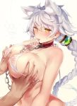  alternate_costume animal_ears asymmetrical_hair bangs bare_shoulders bikini braid breast_grab breasts cat_ears chain collar collarbone commentary_request covered_nipples grabbing hair_between_eyes hair_ornament heart heart-shaped_pupils huge_breasts jitome kantai_collection long_hair navel orb puffy_nipples silver_hair simple_background single_braid sweat swept_bangs swimsuit symbol-shaped_pupils tongue tongue_out unryuu_(kantai_collection) very_long_hair wavy_hair white_background white_bikini yamaarashi yellow_eyes 