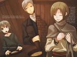  2boys ;) ayakura_juu blue_eyes brown_hair bruise_on_face collarbone craft_lawrence dress_shirt eve_bolan grey_hair highres holding indoors jacket looking_at_viewer multiple_boys novel_illustration official_art one_eye_closed open_mouth parted_lips shirt short_hair silver_hair sitting smile spice_and_wolf tote_col white_shirt 