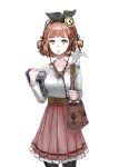  bag belt black_legwear book bow braid brown_hair brown_skirt clock_hair_ornament earbuds earphones elf green_eyes hair_bow hair_ornament handbag highres holding holding_book jewelry jijinjiji looking_at_viewer mouth_hold necklace origami original pointy_ears short_hair skirt solo standing 