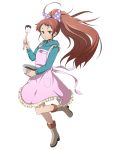  apron blue_sweater boots bow brown_eyes brown_hair chocolate floating_hair frilled_apron frills full_body grey_footwear hair_bow holding hood hooded_sweater isami_(log_horizon) leg_up log_horizon long_hair looking_at_viewer official_art parted_lips pink_apron polka_dot polka_dot_bow purple_eyes solo standing standing_on_one_leg sweater transparent_background very_long_hair 
