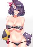 arms_behind_back bangs bare_shoulders bikini black_bikini blush breasts cleavage collarbone commentary_request fate/grand_order fate_(series) floral_print flower hair_bun hair_ornament hair_ribbon highres hips katsushika_hokusai_(fate/grand_order) large_breasts looking_at_viewer navel octopus open_mouth painting_summer purple_eyes purple_hair red_ribbon ribbon sankakusui shiny shiny_hair short_hair simple_background smile solo swept_bangs swimsuit tokitarou_(fate/grand_order) white_background 