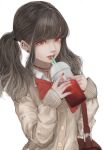  absurdres bag brown_hair choker drinking drinking_straw earrings gyaru handbag highres jewelry jijinjiji kogal lipstick long_hair makeup nail_polish necklace original red_eyes red_nails red_neckwear school_uniform solo stud_earrings twintails upper_body 