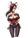 alternate_costume animal_ears ass_visible_through_thighs athenawyrm bare_shoulders black_legwear black_leotard blush breasts brown_hair bunny_ears bunnysuit cleavage closed_mouth commentary cropped_legs fake_animal_ears fire_emblem fire_emblem_heroes fire_emblem_if flying_sweatdrops frown hair_over_one_eye hairband hands_on_own_chest kagerou_(fire_emblem_if) large_breasts leotard long_hair looking_at_viewer nose_blush obi pantyhose ponytail sash solo standing strapless strapless_leotard tassel underbust white_hairband wrist_guards 
