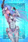  absurdres android bare_shoulders blue_hair breasts elbow_gloves expressionless forehead_protector gloves highres kos-mos kos-mos_re: large_breasts leotard long_hair looking_at_viewer red_eyes solo thighhighs very_long_hair white_leotard xbonbon xenoblade_(series) xenoblade_2 xenosaga 