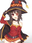  :d belt black_belt black_gloves black_hair cape collar contrapposto cowboy_shot dress eyepatch fingerless_gloves gloves gradient gradient_background hand_on_headwear hat highres kaa-san kono_subarashii_sekai_ni_shukufuku_wo! megumin mismatched_legwear open_mouth red_dress red_eyes short_hair_with_long_locks single_thighhigh smile solo standing teeth thighhighs witch_hat 