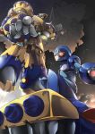  absurdres android angetsu_no_koshousha arm_cannon cape commentary_request covered_eyes facial_hair general_(rockman_x) helmet helmet_over_eyes hidden_eyes highres mecha multiple_boys mustache rockman rockman_x weapon x_(rockman) 