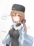  ? black_bow black_shirt blue_shawl blush bow breasts brown_eyes brown_hair closed_mouth covered_nipples cyrillic eyebrows_visible_through_hair hair_between_eyes hair_ornament hairclip hat highres kantai_collection large_breasts looking_at_viewer papakha raymie0124 russian scarf shawl shirt smile solo spoken_question_mark star tashkent_(kantai_collection) tight_shirt torn_scarf translated white_scarf 