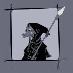  black_and_white clothing fangs hood keebles kobold melee_weapon monochrome polearm scalie simple_background spear weapon 