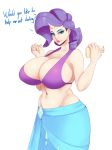  2018 animal_humanoid beige_skin big_breasts bikini bikini_top blue_eyes breasts clothing curly_hair english_text equine equine_humanoid eyeshadow female friendship_is_magic hair hi_res holding_object horn human humanoid looking_at_viewer makeup mammal my_little_pony navel purple_hair rarity_(mlp) simple_background skirt smile solo sundown_(artist) swimsuit text unicorn white_background 