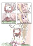  :d cerulean_(kemono_friends) closed_eyes comic gloves grass head_wings highres holding_hands japanese_crested_ibis_(kemono_friends) kemono_friends multicolored_hair multiple_girls murakami_kou_(raye) musical_note open_mouth page_number pantyhose petals red_gloves red_hair silent_comic sitting smile white_hair 